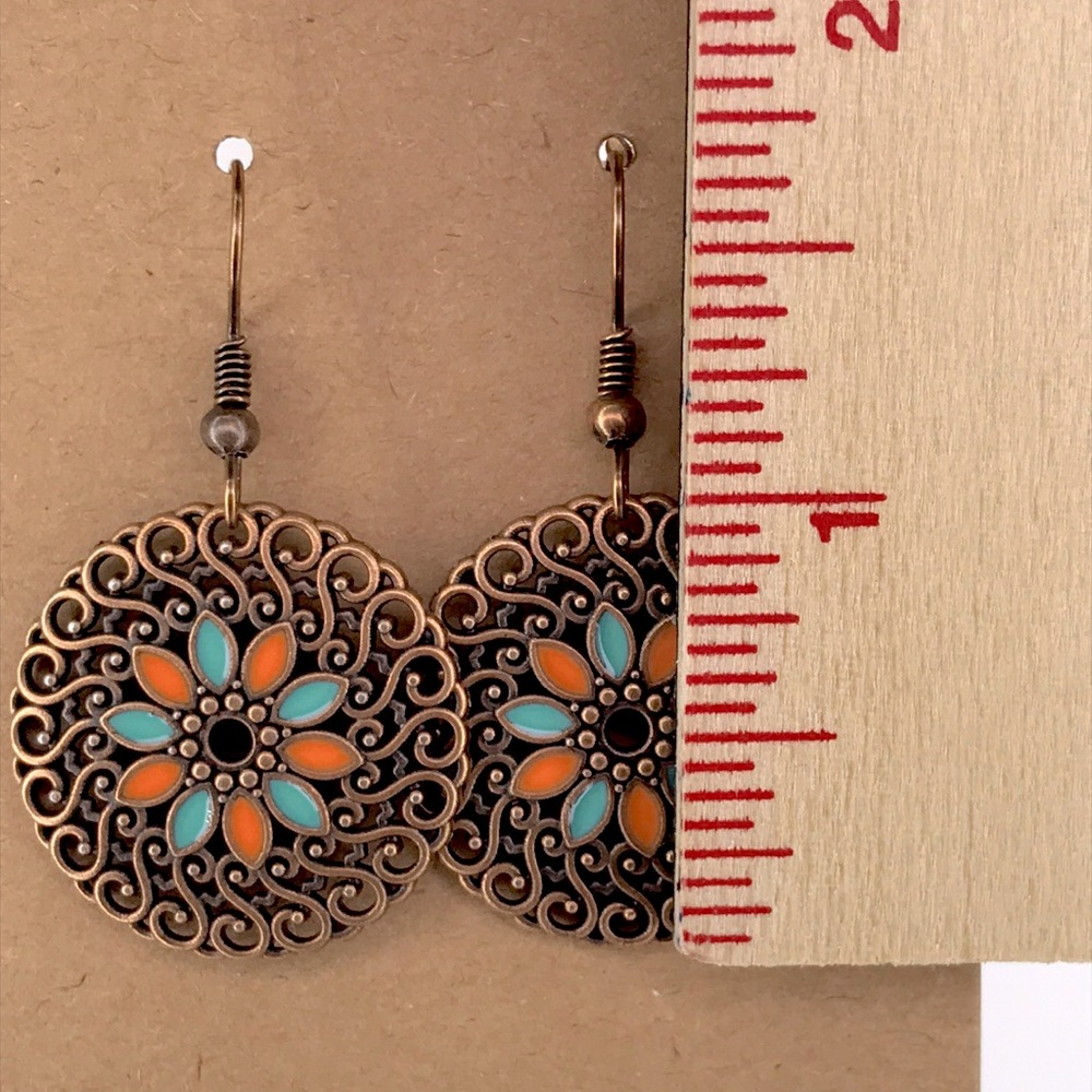 Vintage Floral Bronze Earrings with Turquoise and Orange Accents Fashion Jewelry - Picture 2 of 4